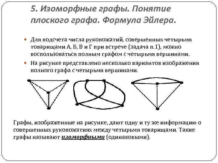 5. Изоморфные графы. Понятие плоского графа. Формула Эйлера. Для подсчета числа рукопожатий, совершенных четырьмя