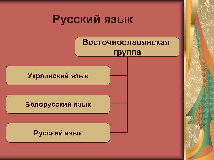  Русский язык   Восточнославянская    группа Украинский язык  Белорусский