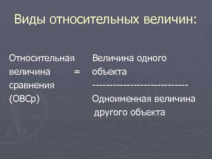  Виды относительных величин:  Относительная  Величина одного величина =  объекта сравнения