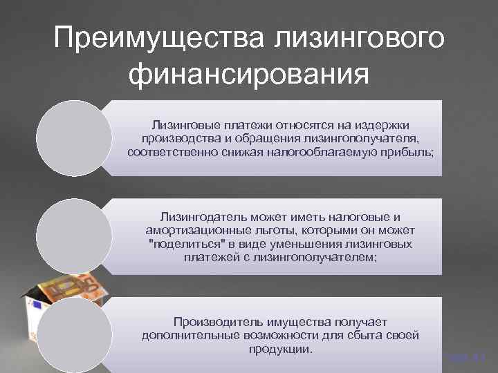 Преимущества лизингового финансирования   Лизинговые платежи относятся на издержки  производства и обращения