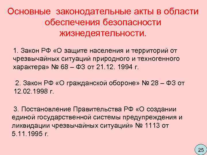 Основные законодательные акты в области   обеспечения безопасности   жизнедеятельности.  1.
