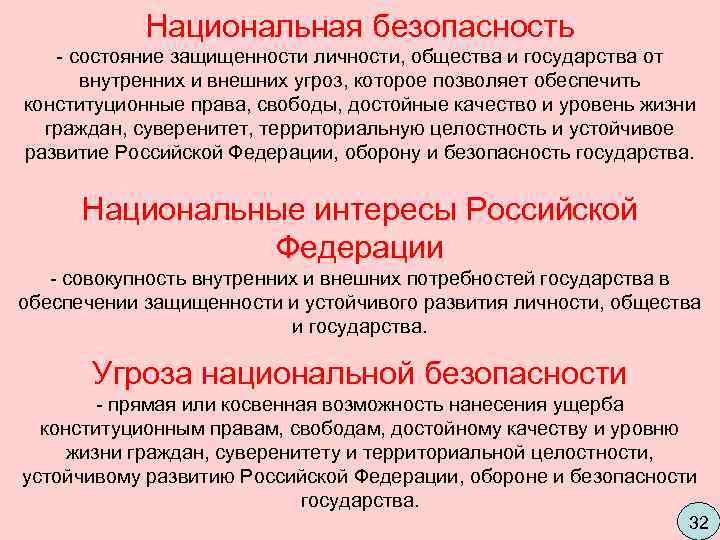   Национальная безопасность - состояние защищенности личности, общества и государства от  внутренних