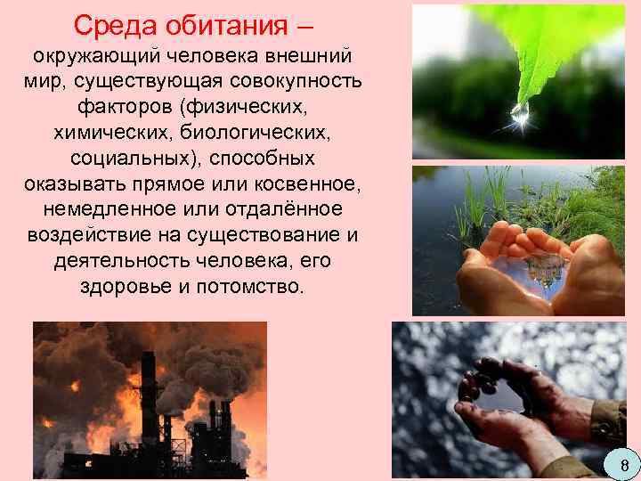   Среда обитания –  окружающий человека внешний мир, существующая совокупность  факторов