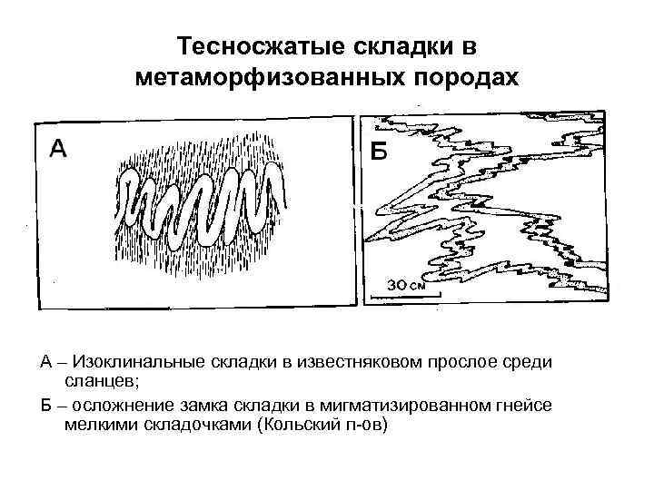    Тесносжатые складки в  метаморфизованных породах А – Изоклинальные складки в