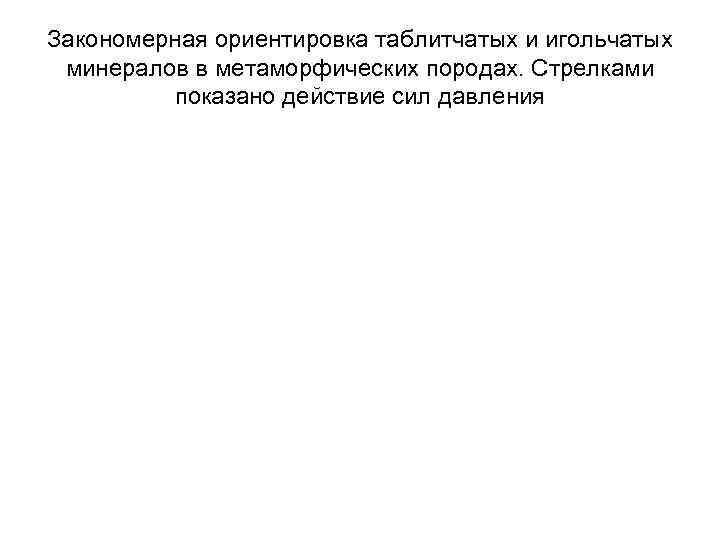 Закономерная ориентировка таблитчатых и игольчатых минералов в метаморфических породах. Стрелками   показано действие