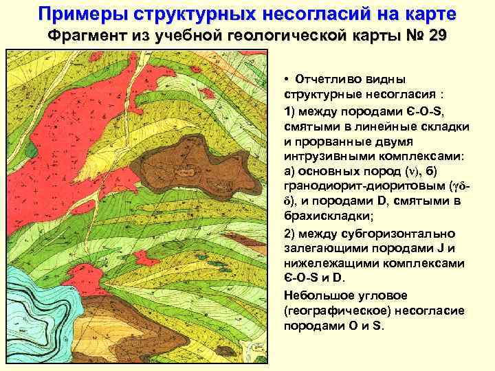 Примеры структурных несогласий на карте Фрагмент из учебной геологической карты № 29  