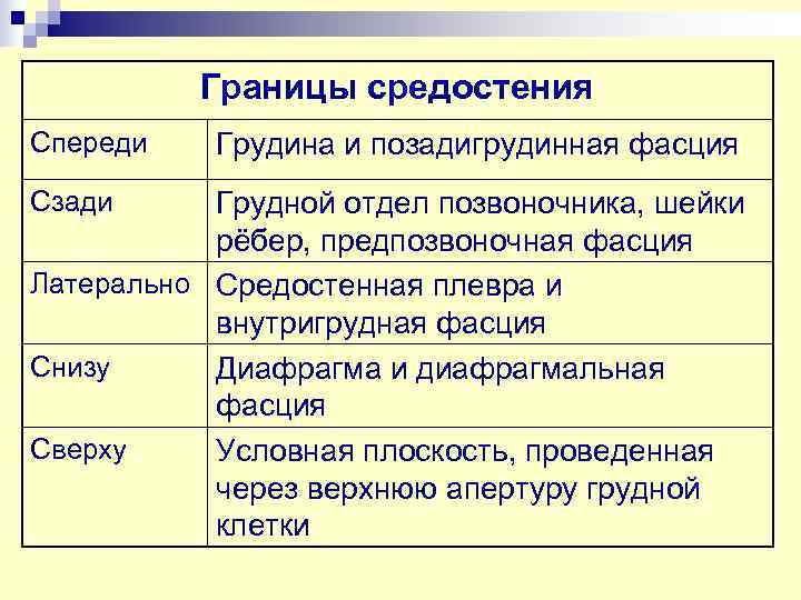    Границы средостения Спереди  Грудина и позадигрудинная фасция Сзади Грудной отдел