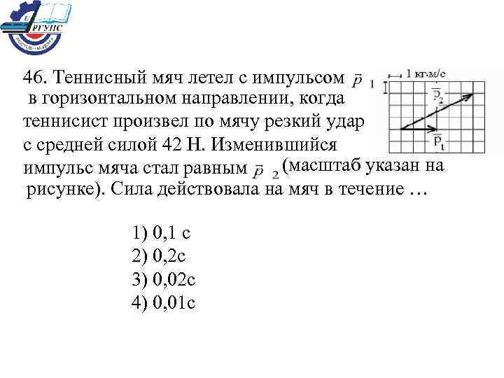 46. Теннисный мяч летел с импульсом в горизонтальном направлении, когда теннисист произвел по мячу