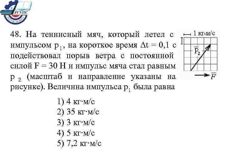 48.  На теннисный мяч,  который летел с импульсом р 1 , на