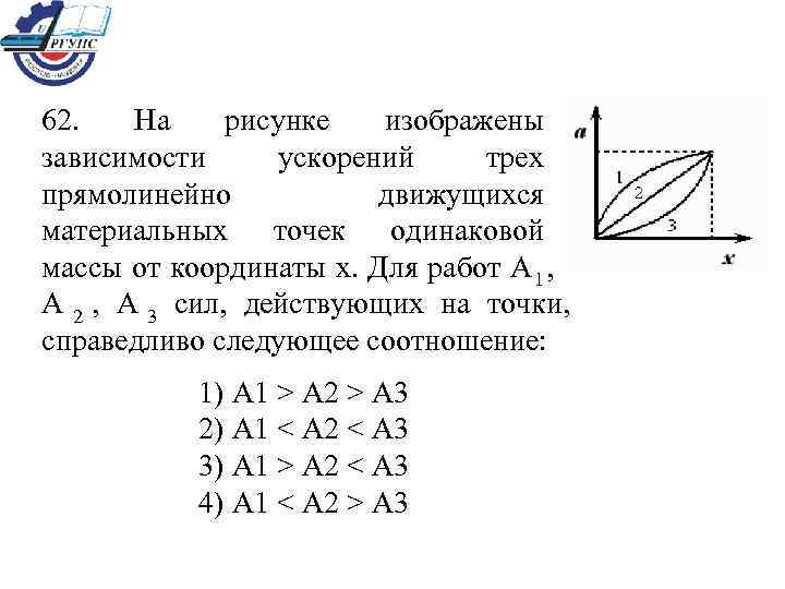 62.  На  рисунке  изображены зависимости  ускорений трех прямолинейно  