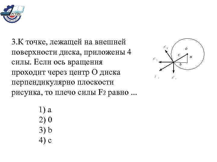 Точка лежит на оси. К точке лежащей на внешней поверхности диска приложены 4 силы. Плечо силы f3 равно…. Ось через центр поверхности вращения?.