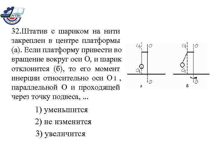  32. Штатив с шариком на нити  закреплен в центре платформы  (а).