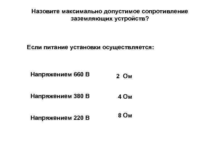  Назовите максимально допустимое сопротивление   заземляющих устройств? Если питание установки осуществляется: Напряжением