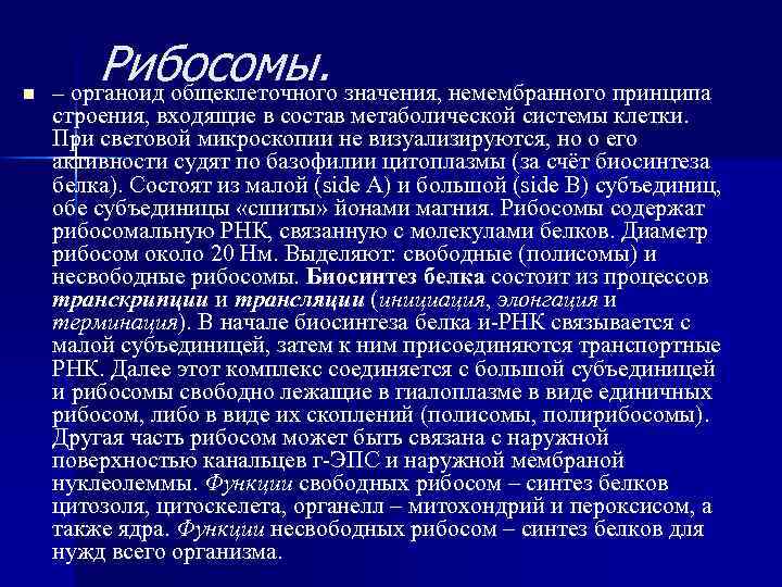 n Рибосомы. значения, немембранного принципа – органоид общеклеточного строения, входящие в состав метаболической системы