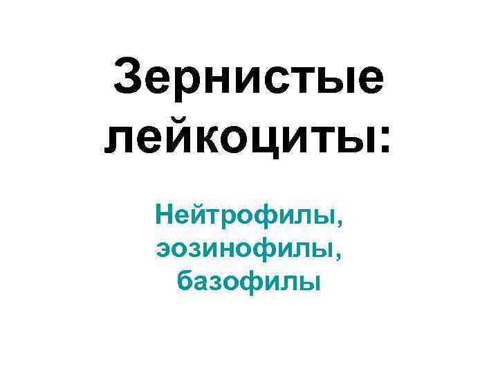 Зернистые лейкоциты:  Нейтрофилы,  эозинофилы,  базофилы 