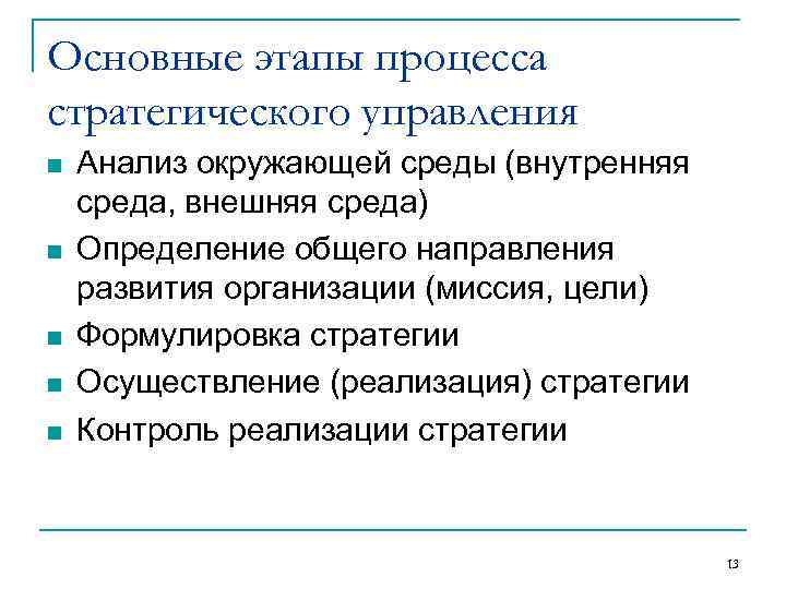 Основные этапы процесса стратегического управления n  Анализ окружающей среды (внутренняя среда, внешняя среда)