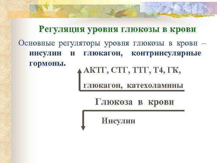   Регуляция уровня глюкозы в крови Основные регуляторы уровня глюкозы в крови –
