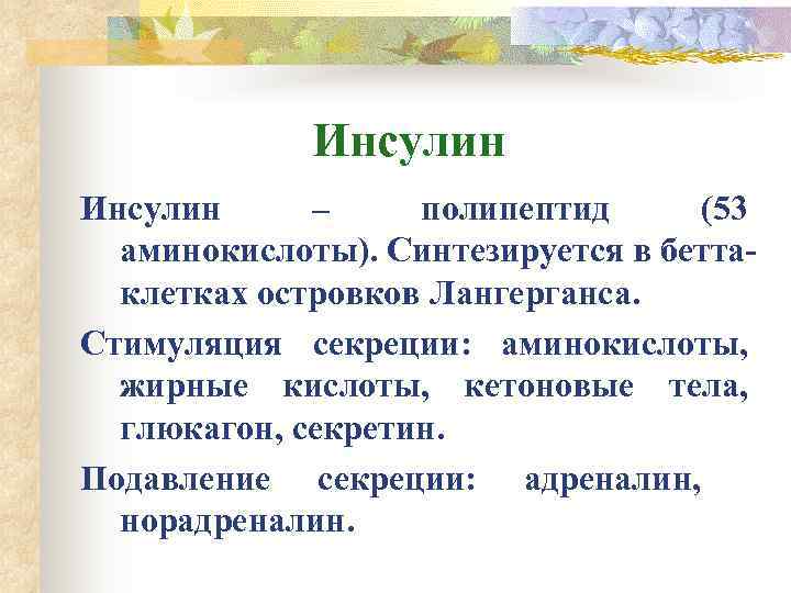    Инсулин – полипептид (53  аминокислоты). Синтезируется в бетта-  клетках