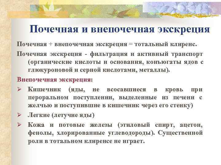   Почечная и внепочечная экскреция Почечная + внепочечная экскреция = тотальный клиренс. Почечная