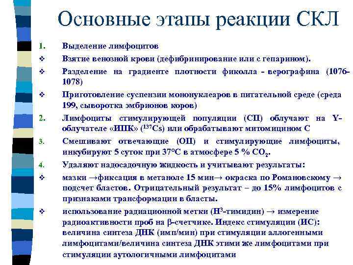  Основные этапы реакции СКЛ 1.  Выделение лимфоцитов v  Взятие венозной крови