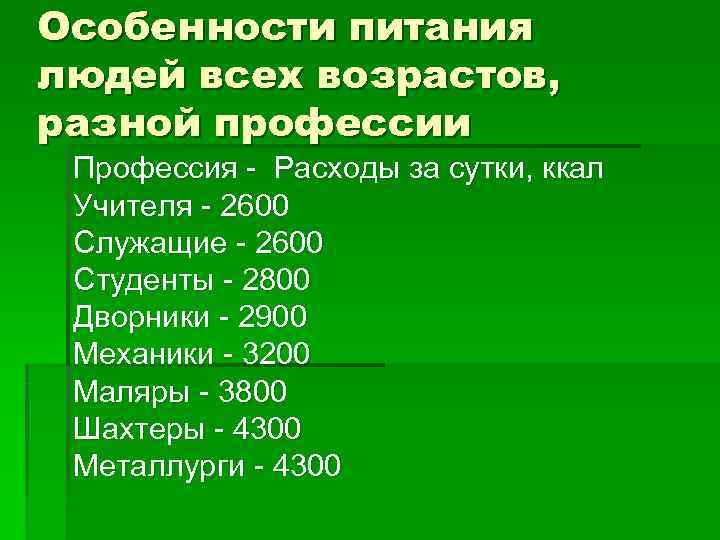 Особенности питания людей всех возрастов, разной профессии Профессия - Расходы за сутки, ккал 