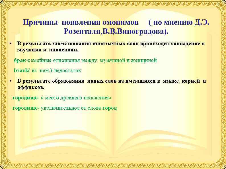   Причины появления омонимов ( по мнению Д. Э.   Розенталя, В.