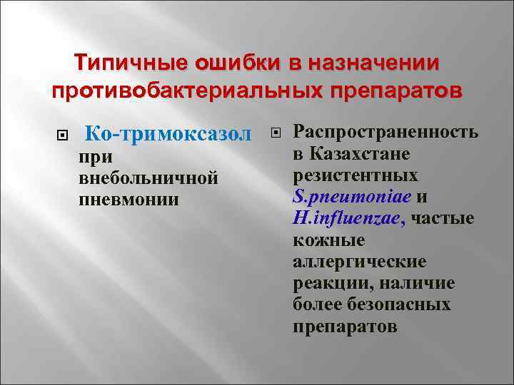 Типичные ошибки в назначении противобактериальных препаратов Ко-тримоксазол при внебольничной пневмонии Распространенность в Казахстане резистентных