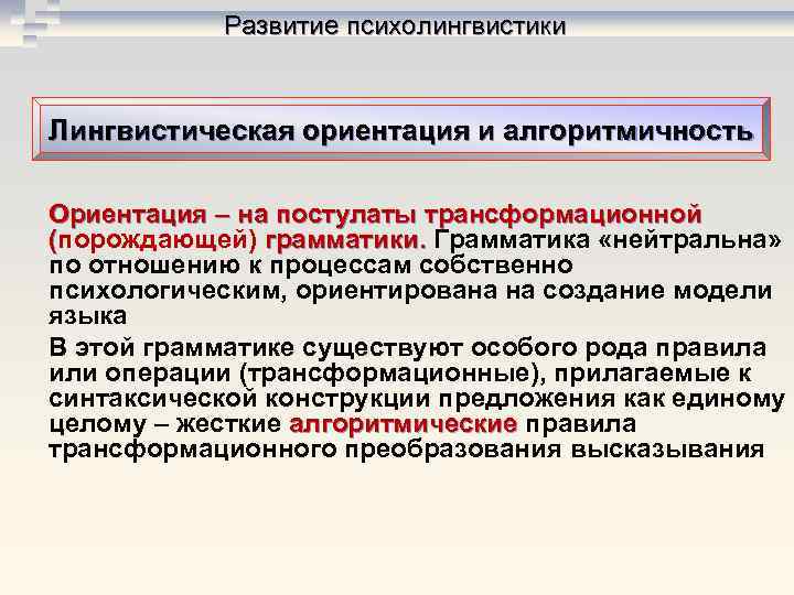 Развитие психолингвистики Лингвистическая ориентация и алгоритмичность Ориентация – на постулаты трансформационной Развитие психолингвистики Лингвистическая ориентация и алгоритмичность Ориентация – на постулаты трансформационной