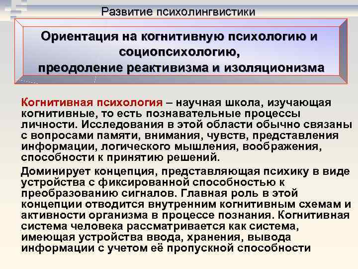 Развитие психолингвистики Ориентация на когнитивную психологию и социопсихологию, преодоление Развитие психолингвистики Ориентация на когнитивную психологию и социопсихологию, преодоление