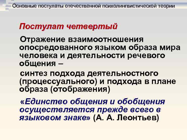 Основные постулаты отечественной психолингвистической теории Постулат четвертый Отражение взаимоотношения опосредованного языком образа мира Основные постулаты отечественной психолингвистической теории Постулат четвертый Отражение взаимоотношения опосредованного языком образа мира