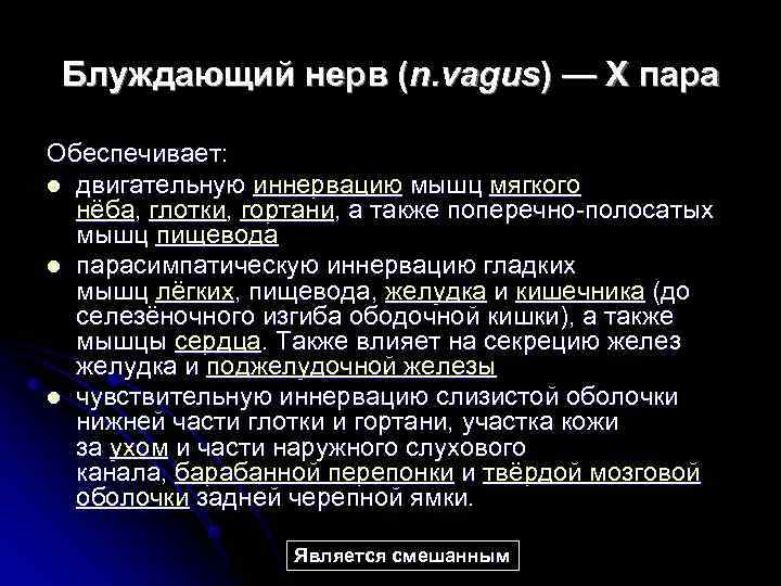  Блуждающий нерв (n. vagus) — X пара Обеспечивает: l двигательную иннервацию мышц мягкого