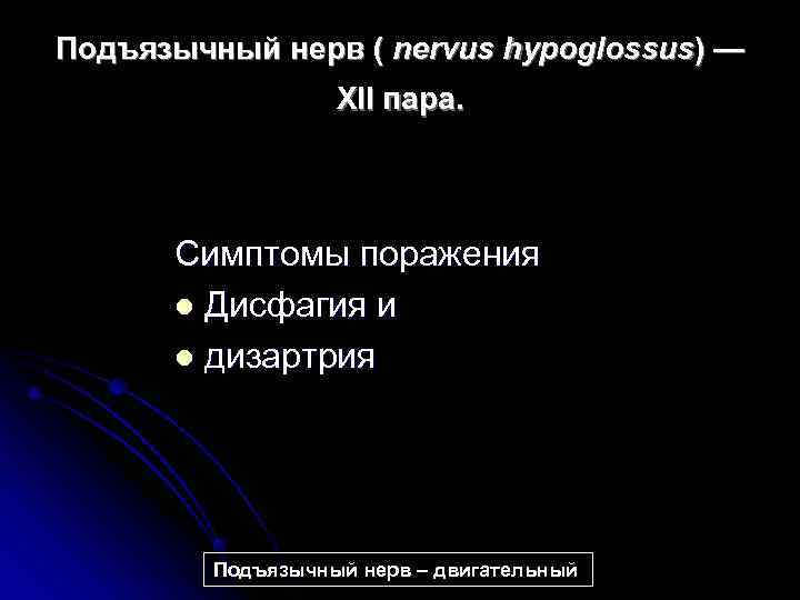 Подъязычный нерв ( nervus hypoglossus) —     XII пара.  