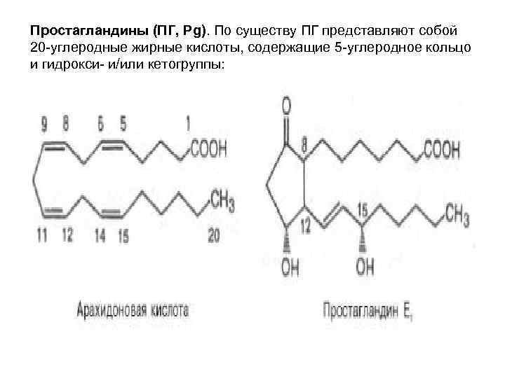 Простагландины (ПГ, Pg). По существу ПГ представляют собой 20 -углеродные жирные кислоты, содержащие 5 Простагландины (ПГ, Pg). По существу ПГ представляют собой 20 -углеродные жирные кислоты, содержащие 5