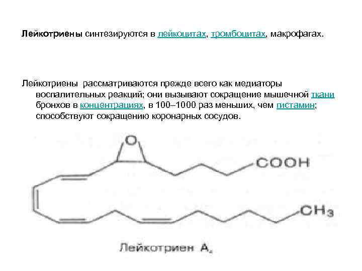 Лейкотриены синтезируются в лейкоцитах, тромбоцитах, макрофагах. Лейкотриены рассматриваются прежде всего как медиаторы воспалительных Лейкотриены синтезируются в лейкоцитах, тромбоцитах, макрофагах. Лейкотриены рассматриваются прежде всего как медиаторы воспалительных