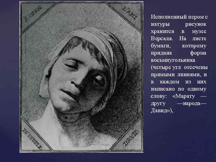 Исполненный пером с натуры рисунок хранится в музее Версаля. На листе бумаги, которому придана