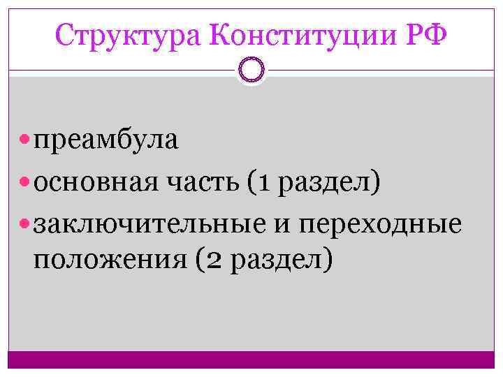  Структура Конституции РФ преамбула  основная часть (1 раздел)  заключительные и переходные