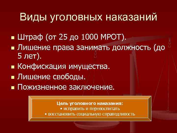   Виды уголовных наказаний n  Штраф (от 25 до 1000 МРОТ). n