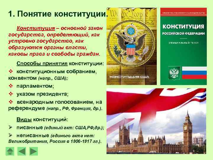 Понятие конституционной свободы. 1. Понятие Конституции. Способы принятия Конституции. Конституция РФ И Конституция Великобритании.