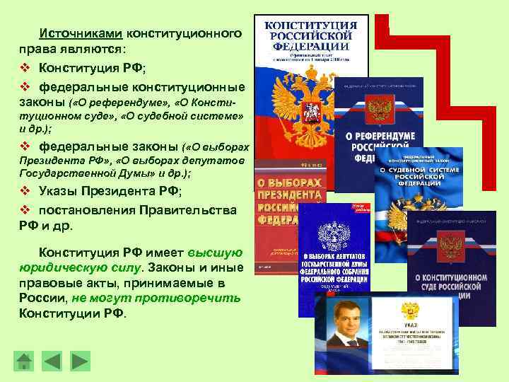   Источниками конституционного права являются: v Конституция РФ; v федеральные конституционные законы (