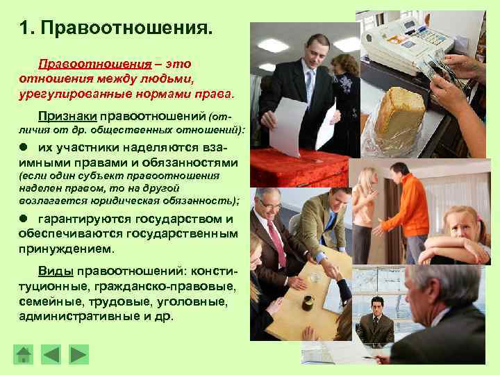 1. Правоотношения – это отношения между людьми, урегулированные нормами права. Признаки правоотношений (от- личия