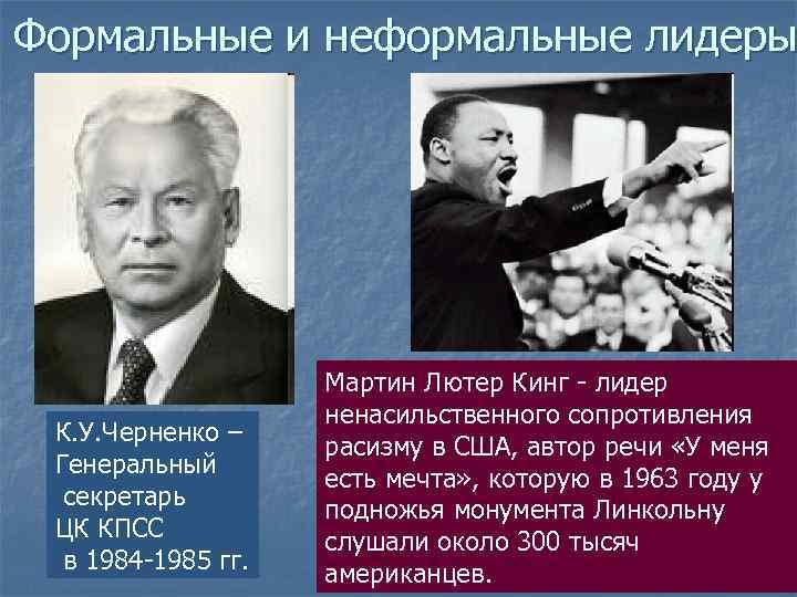 Формальные и неформальные лидеры     Мартин Лютер Кинг - лидер 