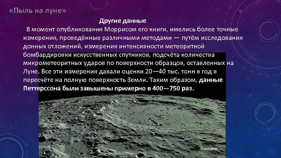  «Пыль на луне» Другие данные В момент опубликования Моррисом его книги, имелись более