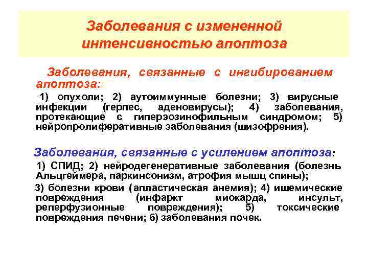    Заболевания с измененной   интенсивностью апоптоза  Заболевания, связанные с