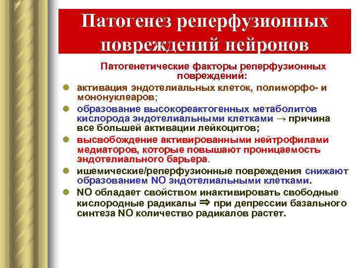   Патогенез реперфузионных повреждений нейронов   Патогенетические факторы реперфузионных   