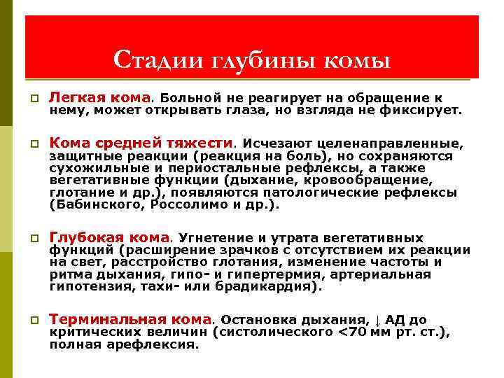   Стадии глубины комы p  Легкая кома. Больной не реагирует на обращение