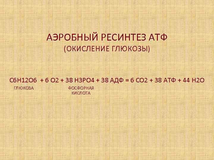   АЭРОБНЫЙ РЕСИНТЕЗ АТФ   (ОКИСЛЕНИЕ ГЛЮКОЗЫ)  С 6 Н 12