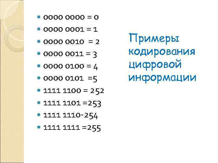  0000 = 0  0000 0001 = 1  0000 0010 = 2