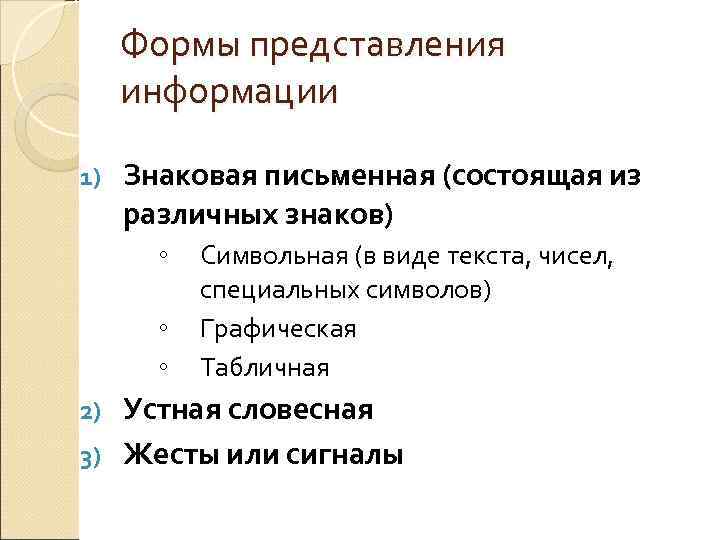  Формы представления  информации 1)  Знаковая письменная (состоящая из различных знаков) 