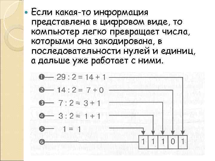   Если какая-то информация представлена в цифровом виде, то компьютер легко превращает числа,