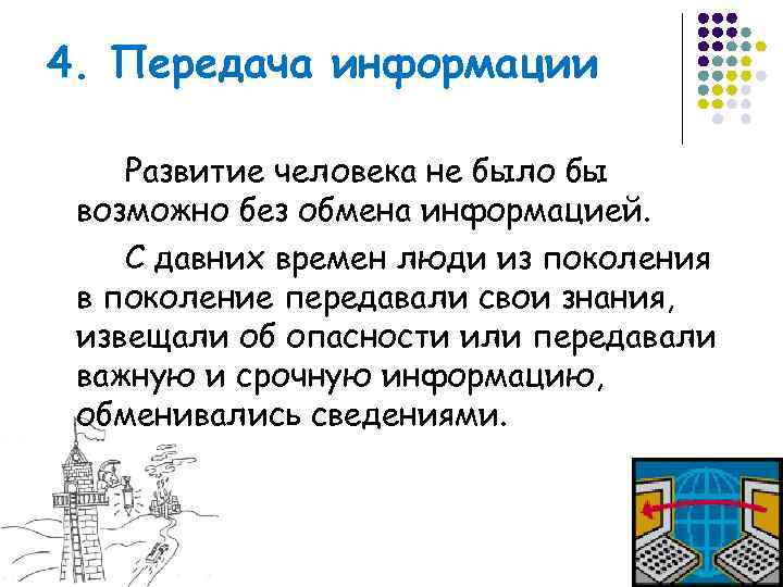 4. Передача информации Развитие человека не было бы возможно без обмена информацией. С давних